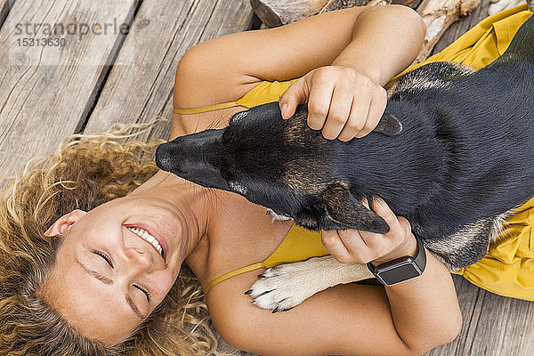 Husky-Schäferhund-Mischlingshund und sein Frauchen auf einem Holzbrett liegend