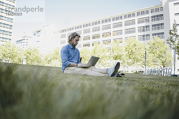 Junger Mann sitzt mit Laptop auf einer Wiese