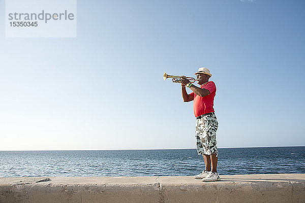 Trompeter auf dem Malecon in Havanna,  Kuba,  Westindien,  Karibik,  Mittelamerika