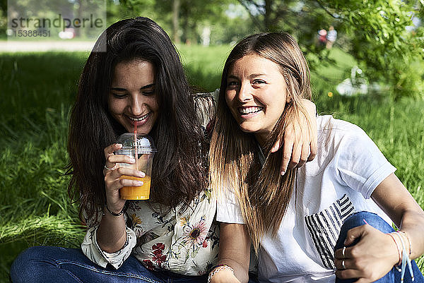 Porträt von zwei glücklichen jungen Frauen,  die bei einem Picknick im Park Saft trinken