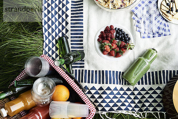 Draufsicht auf gesunde Picknick-Snacks auf einer Decke