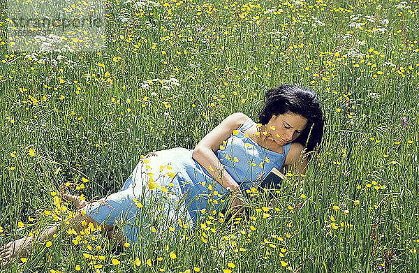 Junge Frau liegt auf Gras und liest Buch,  erhöhte Ansicht