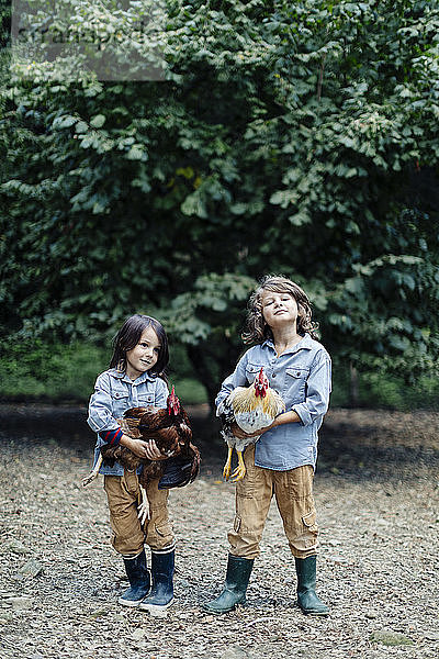 Zwei Kinder halten Hühner auf einem Biobauernhof