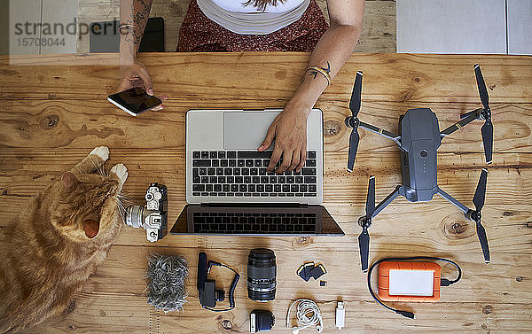 Am Tisch sitzende Person mit Fotoausrüstung und rothaariger Katze,  mit Laptop,  Draufsicht