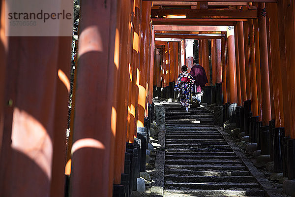 Japan,  Präfektur Kyoto,  Stadt Kyoto,  Zwei Personen in traditionellen Kimonos gehen die Stufen des Torii-Pfades des Fushimi Inari-taisha-Tempels hinauf