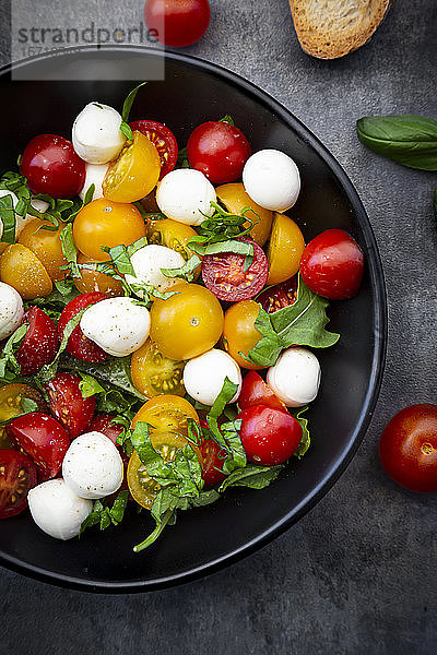 Draufsicht auf Salat mit Rucola,  Mozzarella,  Kirschtomaten und Basilikum