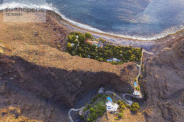 Spanien,  Kanarische Inseln,  La Gomera,  Valle Gran Rey,  Finca Argayall,  Luftaufnahme der Playa de Argaga bei Sonnenuntergang