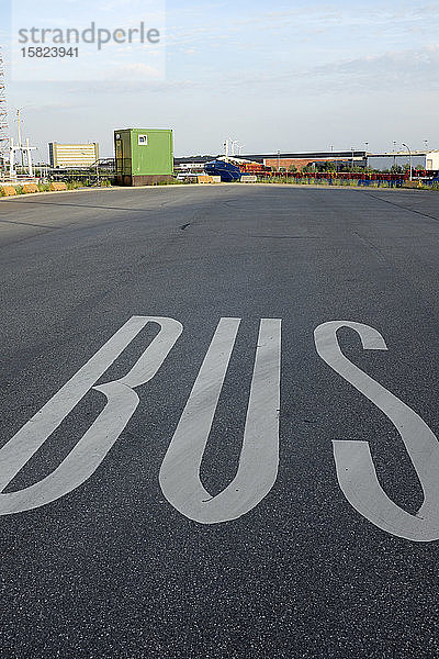 Wort 'Bus' auf Asphalt,  Hamburg,  Deutschland