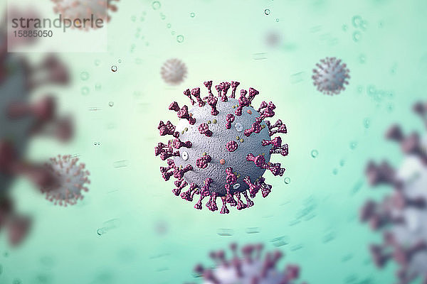 Medizinische Illustration,  Coronavirus-Virus-Mikrobe mit Spikes aus Glykoproteinen,  M-Proteinen,  E-Proteinen und Hämagglutin-Esterase,  auf grauem Hintergrund