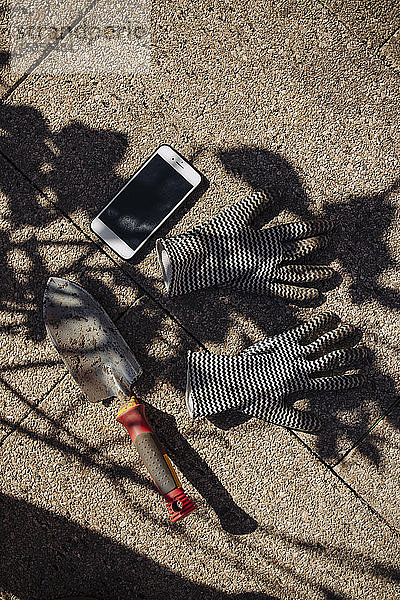 Smartphone neben dem Handglätter und Gartenhandschuhen
