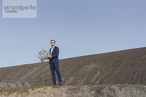 Reifer Geschäftsmann mit einem kahlen Baum auf einer stillgelegten Minenhalde