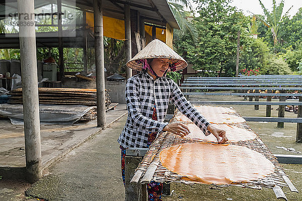 Frau bei der Herstellung von Nudeln zu Hause,  Ho Chi Minh,  Vietnam