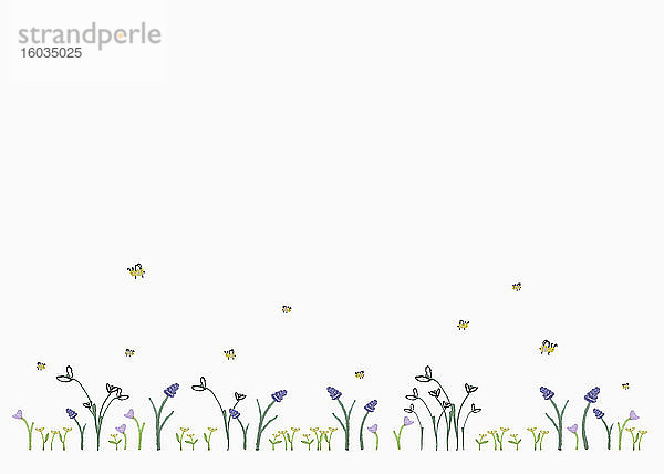 Hummeln fliegen über Blumen auf weißem Hintergrund