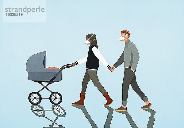 Paar mit Grippemasken hält Hände und läuft Baby im Kinderwagen