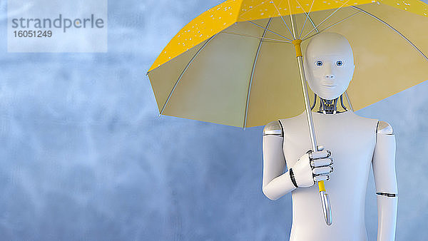 Dreidimensionales Rendering eines Androiden mit Regenschirm