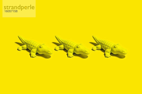 Studioaufnahme von drei kleinen Krokodilfiguren