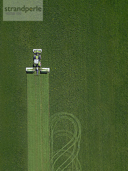 Russland,  Oblast Moskau,  Luftaufnahme eines Traktors beim Mähen einer Wiese