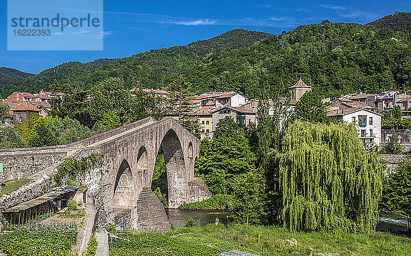 Spanien,  Katalonien,  Comarque de Ripolles,  Sant Joan de les Abadesses,  alte Brücke im gotischen Stil über den Fluss Ter
