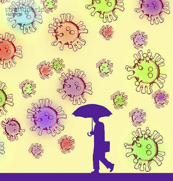 Geschäftsmann mit Regenschirm als Schutz gegen Coronavirus