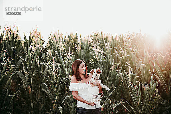 Glückliche Frau mit Hund im Kornfeld bei Sonnenuntergang