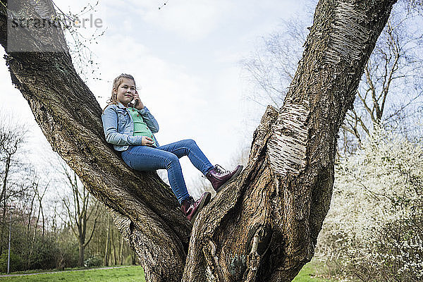 Lächelndes Mädchen,  das mit seinem Smartphone spricht und sich über einen Baumstamm im Park lehnt