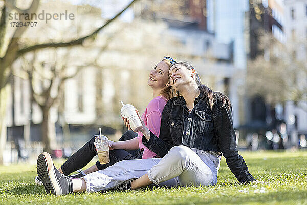 Fröhliche Freundinnen sitzen im Park